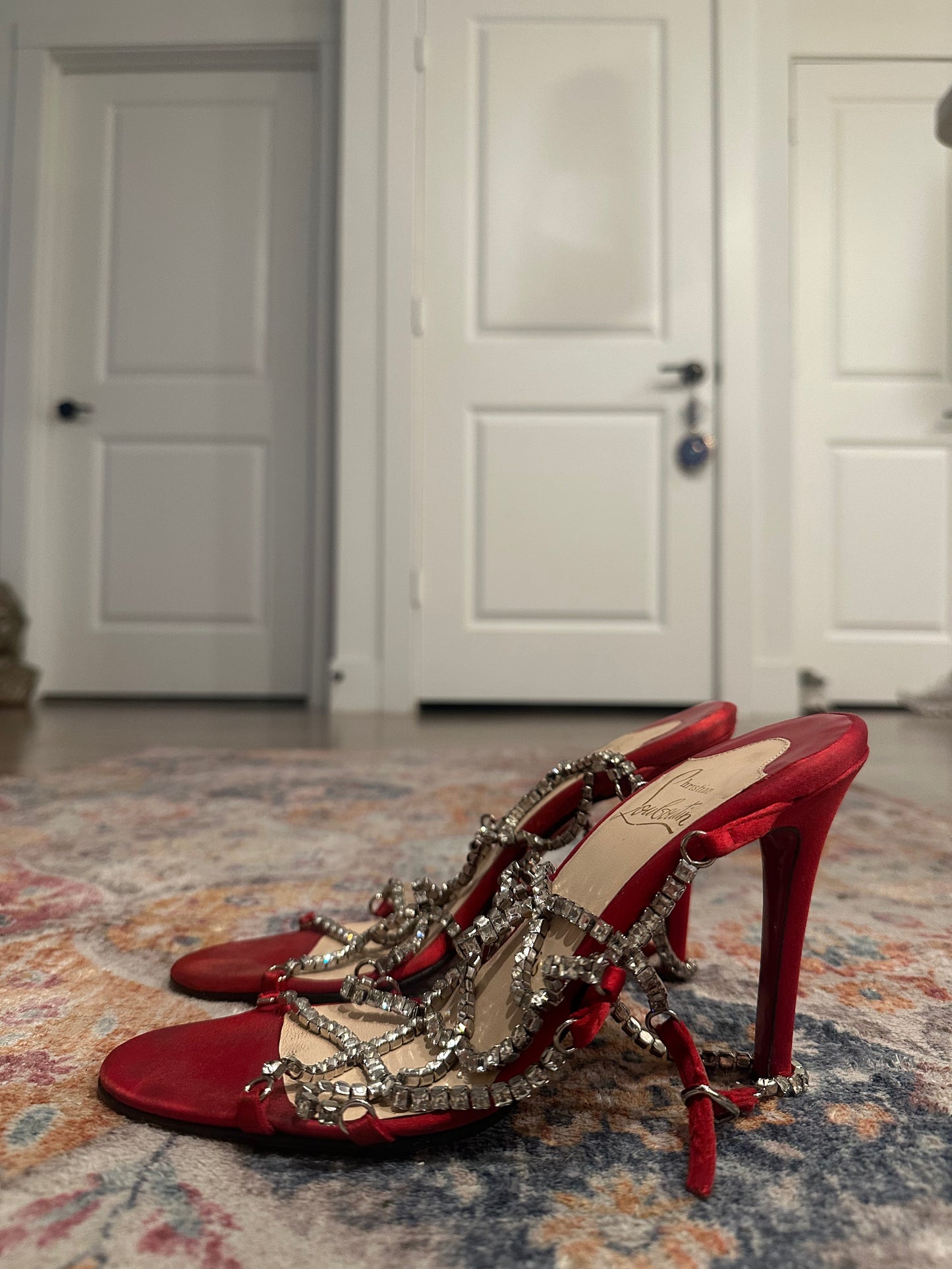 Christian Louboutin Red Satin Crysal Embellished Heels Size 36