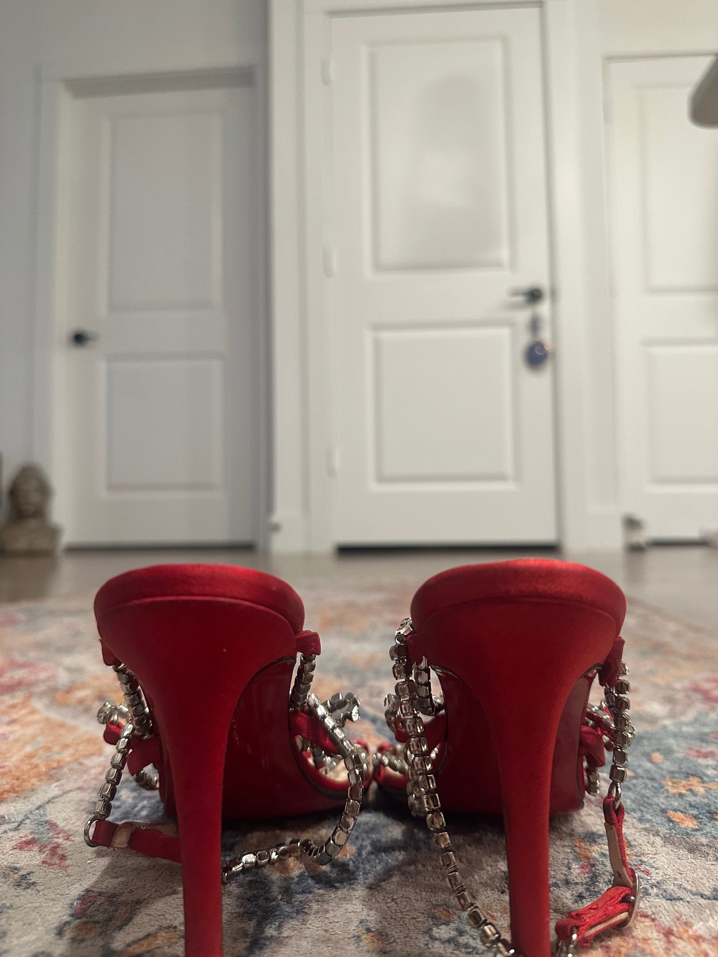 Christian Louboutin Red Satin Crysal Embellished Heels Size 36